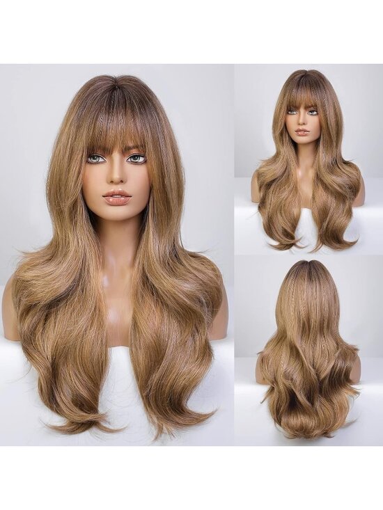 Women\'s Light Brown Heat Resistant Long Curly Wavy Synthetic Wig Bangs Size 26In main image 4
